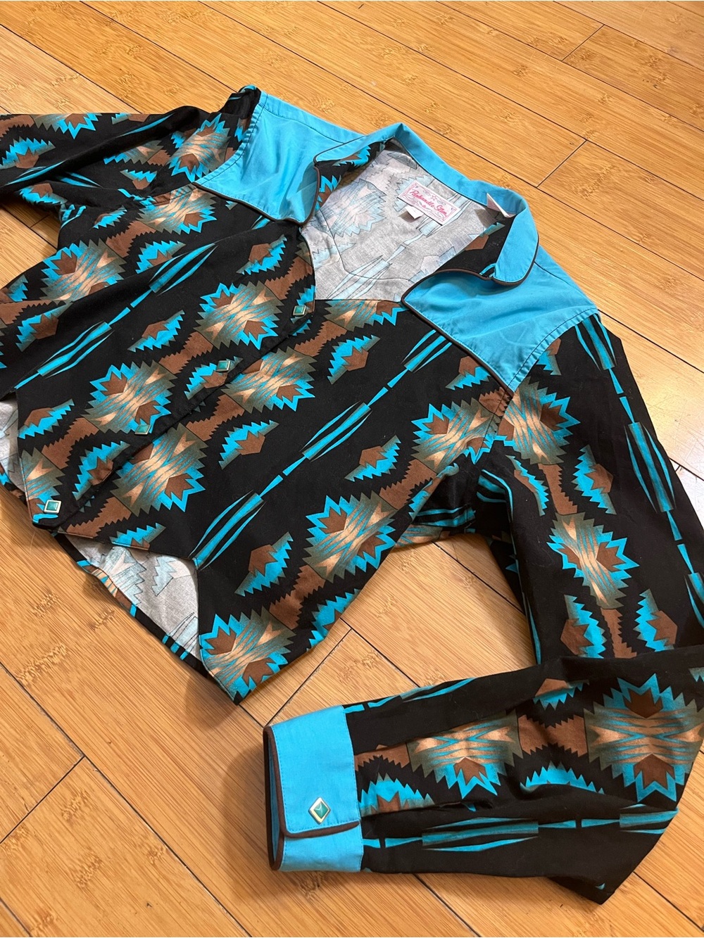 Panhandle Slim Turquoise Black Brown Aztec Print Western Button Crop Shirt